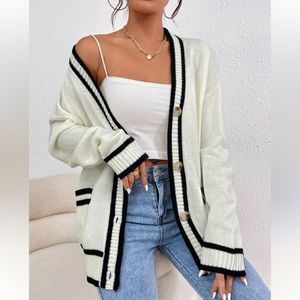 SHEIN | Contrast Trim Drop Shoulder Black White Button Acrylic Cardigan Small